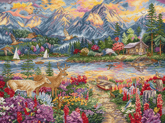 Kit de punto de cruz Letistitch “Spring Mountain Majesty” con paisaje montañoso primaveral, 63 colores de hilo y tela blanca Aida 16ct de alta calidad.