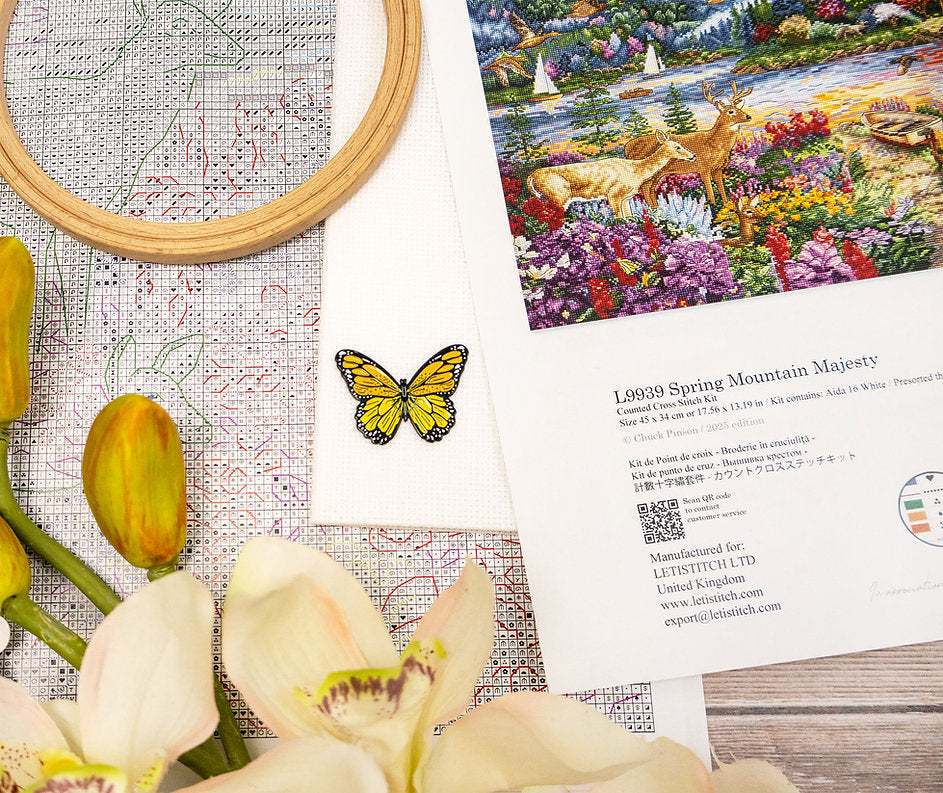 Kit de punto de cruz Letistitch “Spring Mountain Majesty” con paisaje montañoso primaveral, 63 colores de hilo y tela blanca Aida 16ct de alta calidad.