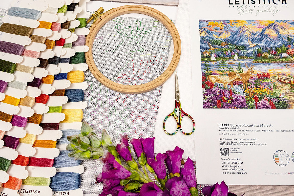 Kit de punto de cruz Letistitch “Spring Mountain Majesty” con paisaje montañoso primaveral, 63 colores de hilo y tela blanca Aida 16ct de alta calidad.
