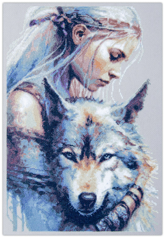 Kit de punto de cruz Magic Needle Unity of Souls con diseño de mujer mística junto a un lobo, bordado lleno de fuerza y simbolismo para decoración y amantes de la naturaleza.