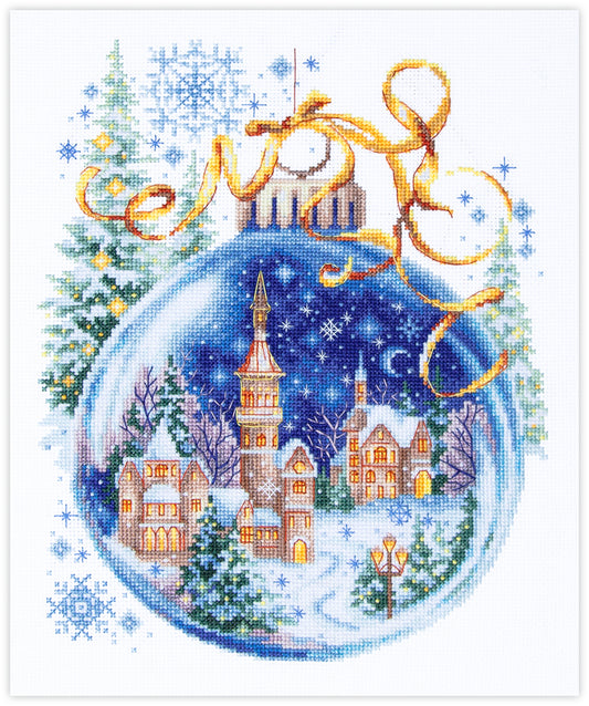 Kit de punto de cruz Magic Needle Christmas Bauble con diseño de bola de cristal con pueblo nevado y lazo dorado para bordado y decoración navideña.