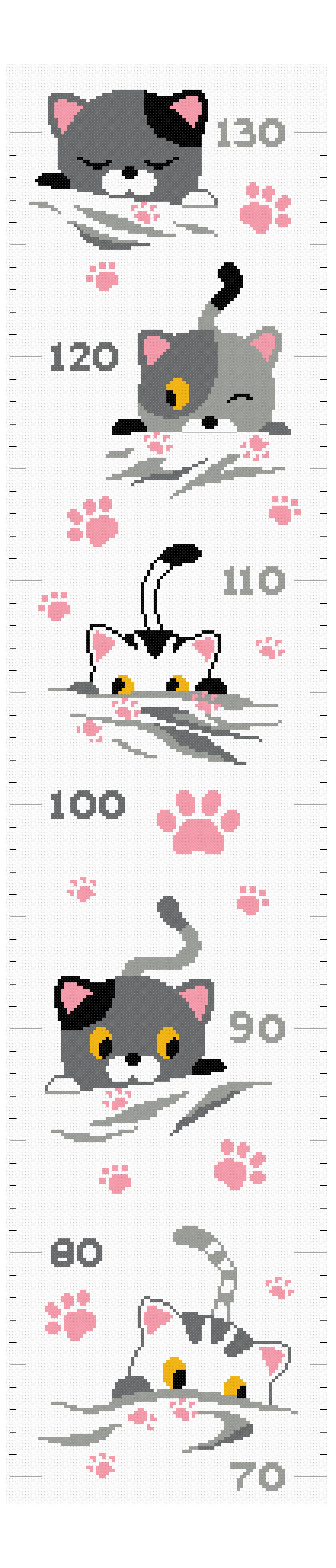 Kit de punto de cruz medidor infantil Gatitos de Princesse con gatitos, huellas rosas y escala de altura para niños.