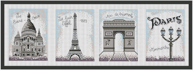 Kit de punto de cruz Monumentos de París de Princesse con Sacré-Coeur, Torre Eiffel, Arco del Triunfo y motivo Paris Montmartre.