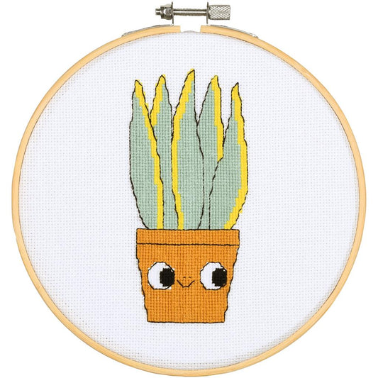 Kit de punto de cruz para niños con diseño de Sansevieria sonriente. Incluye tela Aida, hilos DMC y bastidor de bambú. Perfecto para principiantes