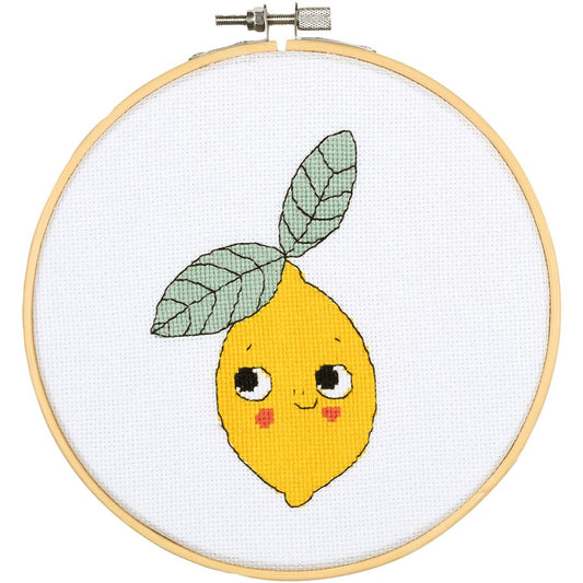 Kit de punto de cruz para niños con diseño de limón sonriente. Incluye tela Aida, hilos DMC y bastidor de bambú. Perfecto para principiantes