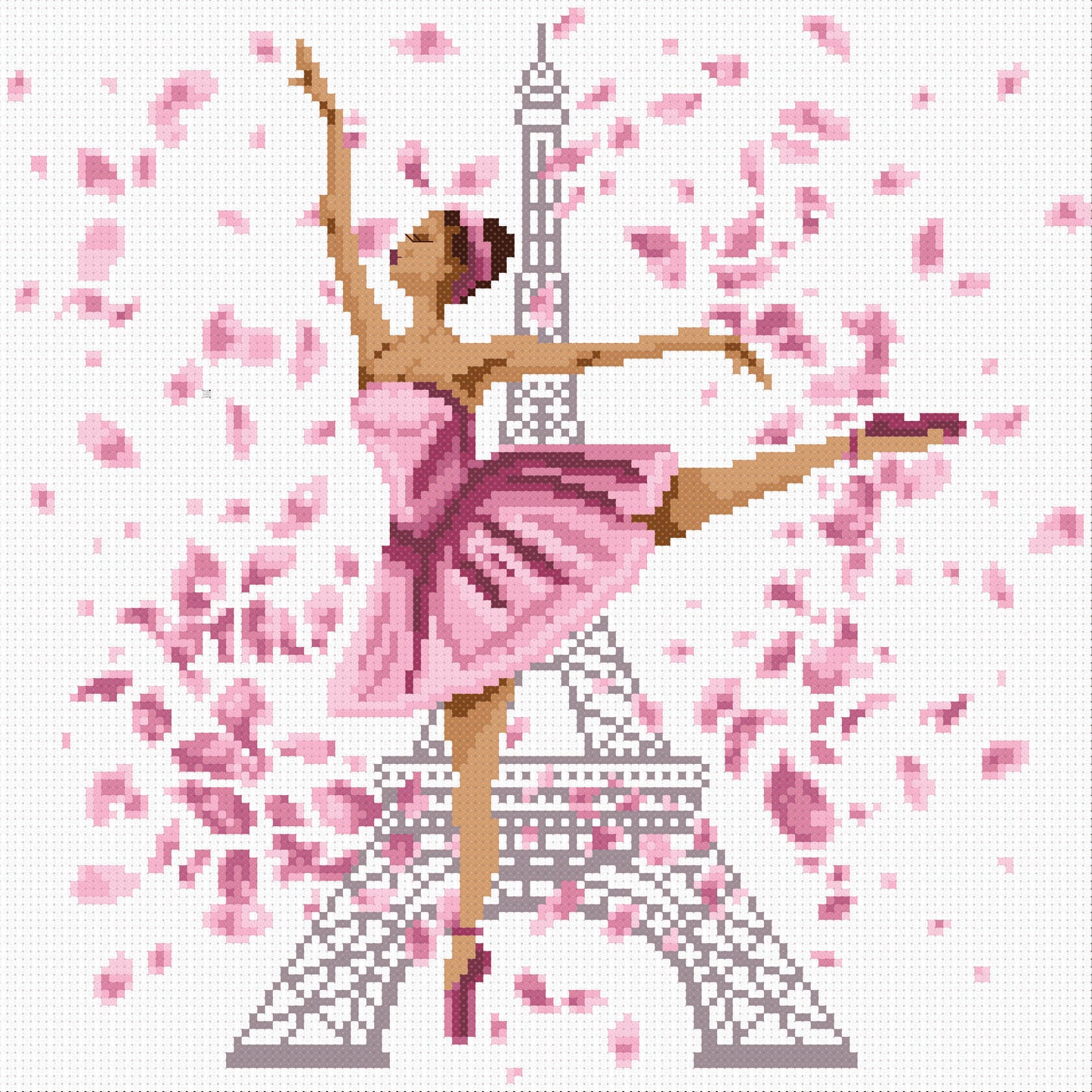Kit de punto de cruz Parisina de Marie Coeur con bailarina rosa, Torre Eiffel y pétalos florales sobre tela Aida blanca.