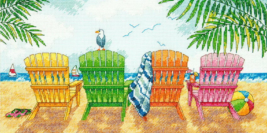 Kit de punto de cruz panorámico con diseño de 4 sillas de playa coloridas