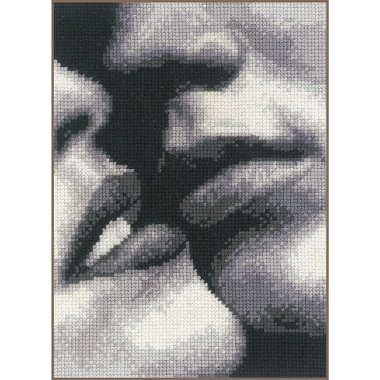Kit de punto de cruz fácil Vervaco labios en escala de grises, diseño artístico y romántico de pareja para principiantes en bordado.