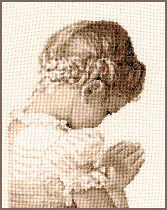 Kit de punto de cruz fácil Vervaco niña rezando en tonos sepia, diseño clásico y espiritual ideal para principiantes en bordado.