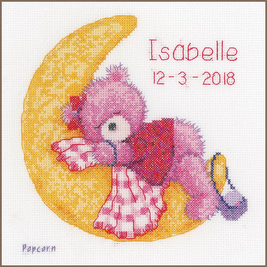 Kit de punto de cruz fácil Vervaco Brie on the Moon con osita rosa durmiendo en la luna, personalizable con nombre y fecha de nacimiento.
