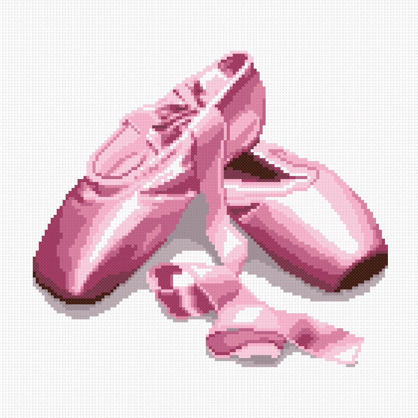 Kit de punto de cruz Zapatillas de Ballet de Marie Coeur con puntas de ballet rosas y cinta decorativa sobre tela Aida blanca.