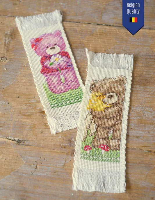 Kit de punto de cruz fácil Vervaco con dos marcapáginas de ositos de peluche, ideal para principiantes y regalo para amantes de la lectura.