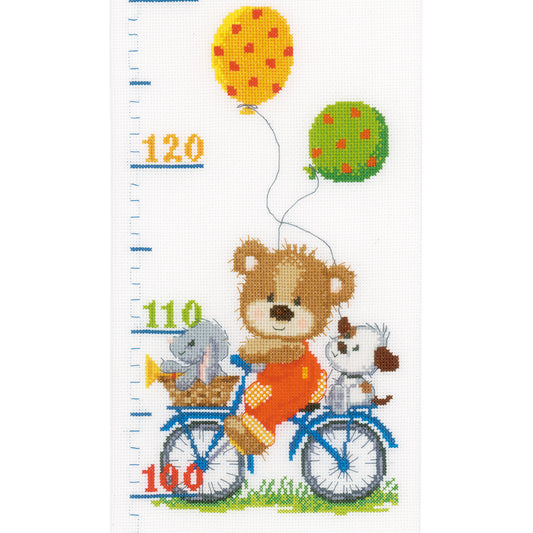 Medidor altura de niños para pared para crear en punto de cruz con diseño infantil con ositos y pequeños conejos en bicicleta