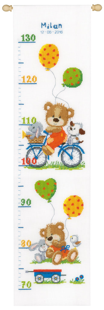 Medidor altura de niños para pared para crear en punto de cruz con diseño infantil con ositos y pequeños conejos en bicicleta