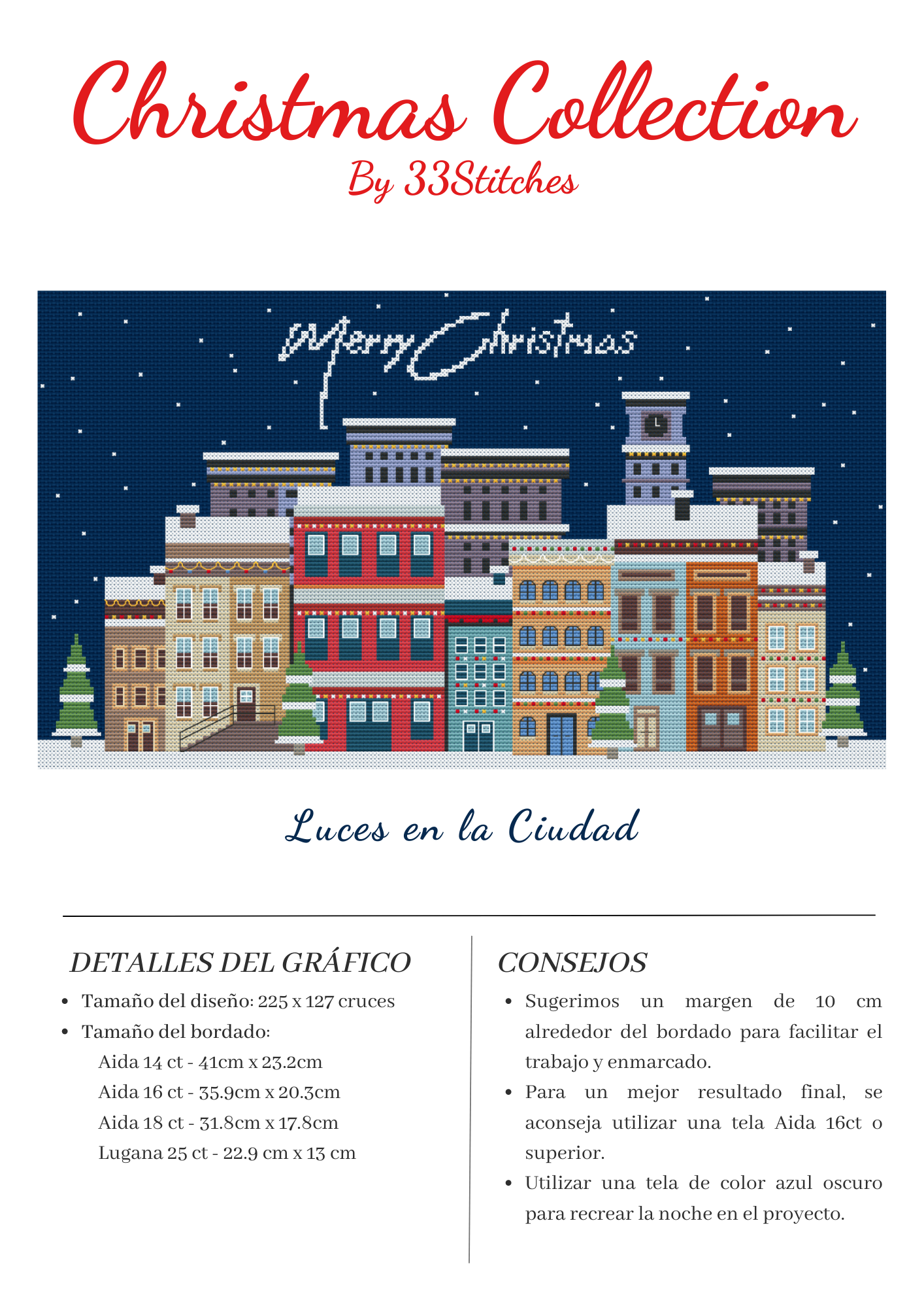 Información gráfico de punto de cruz 33stitches ciudad de noche con luces de navidad