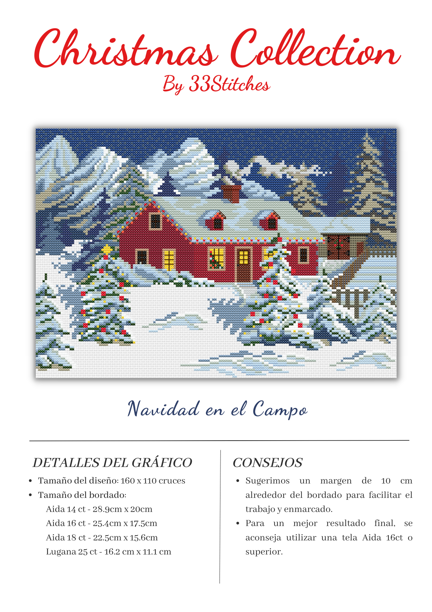 Información gráfico en punto de cruz 33stitches paisaje nevado navideño