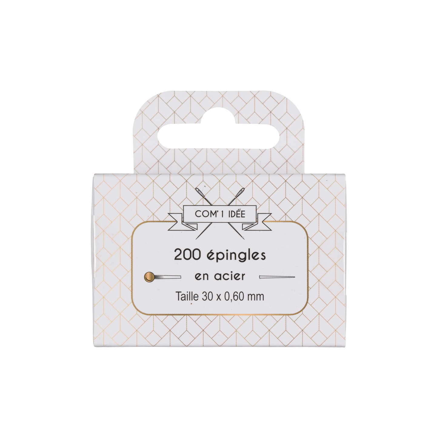 Pack de 200 alfileres finos de acero niquelado en caja estilizada, ideal para costura y confección.