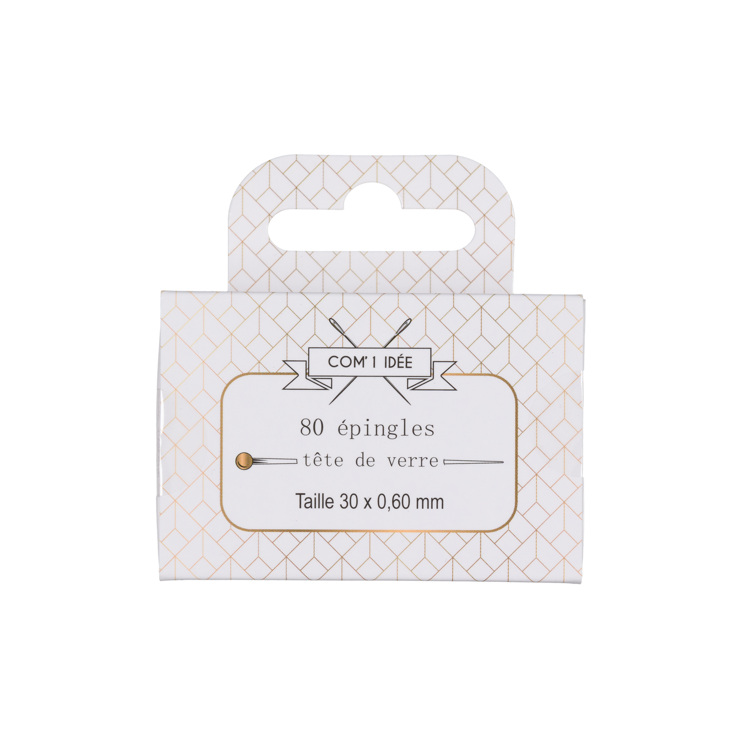 Alfileres con cabeza de cristal en blanco y negro, de acero niquelado, organizados en caja con tira imantada. Pack de 80 unidades.