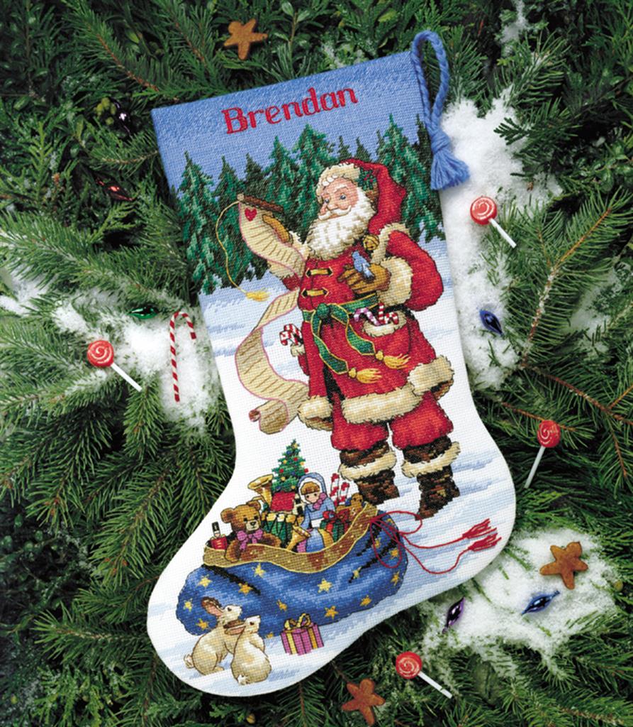 Kit de punto de cruz calcetín navideño "Checking His List" - Dimensions