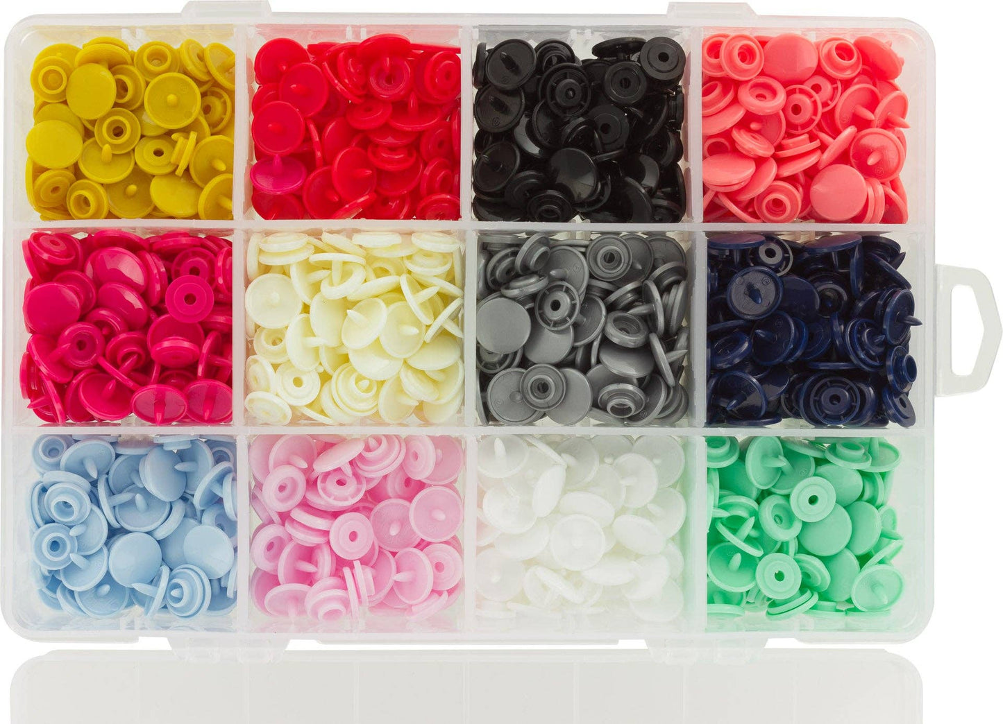 Set de 240 remaches de presión BabySnap® en 12 colores, tamaño 12,4 mm. Compatibles con herramientas BabySnap®, KAM y Color Snap.