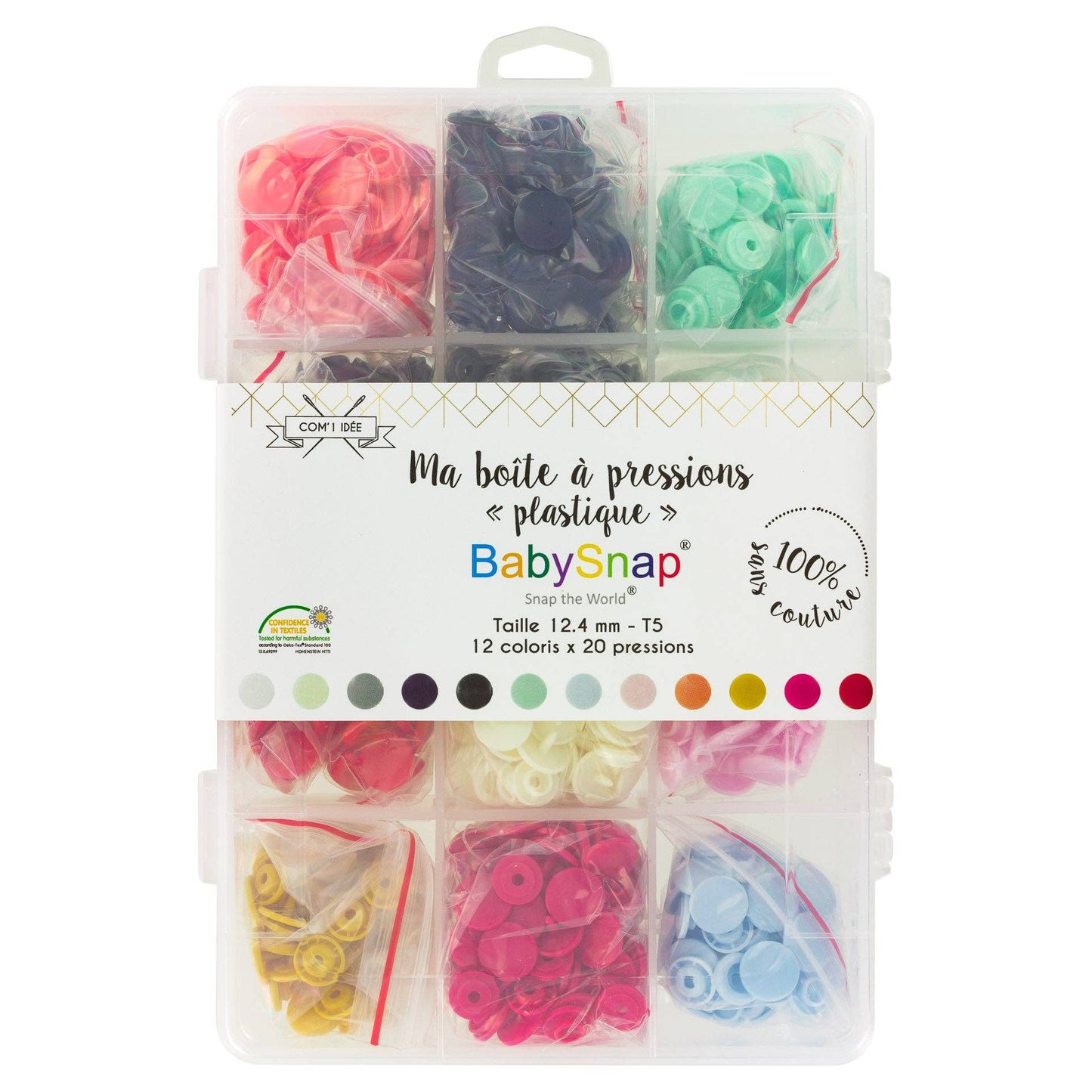 Set de 240 remaches de presión BabySnap® en 12 colores, tamaño 12,4 mm. Compatibles con herramientas BabySnap®, KAM y Color Snap.