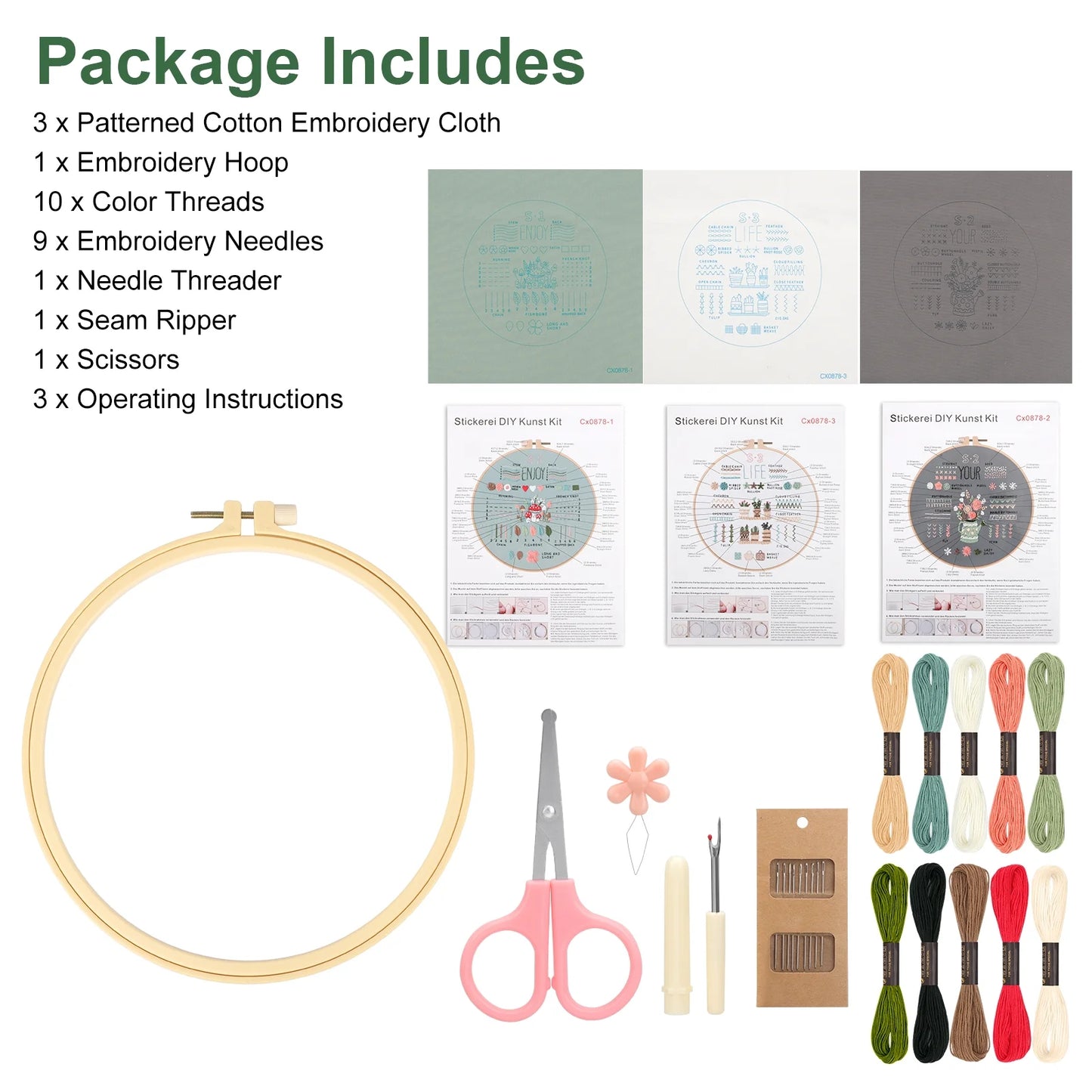 Kit de Bordado para Principiantes Completo - Pack con 3 Diseños de Motivos Florales