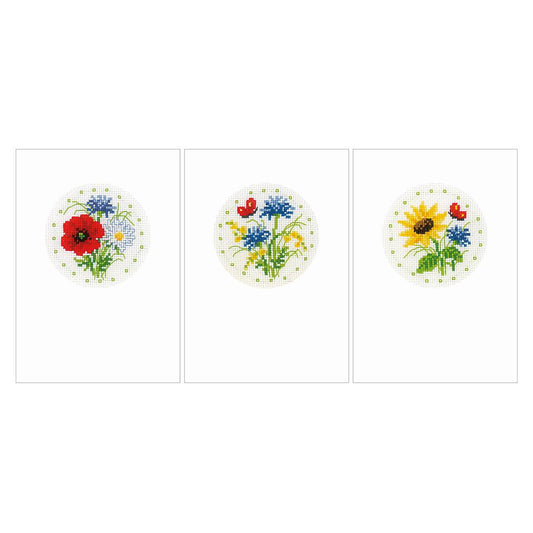 Kit de 3 postales de punto de cruz Vervaco "Flores Silvestres" con tela Aida 18 ct, hilos DMC y tarjetas con sobres. Diseños de coloridas flores silvestres