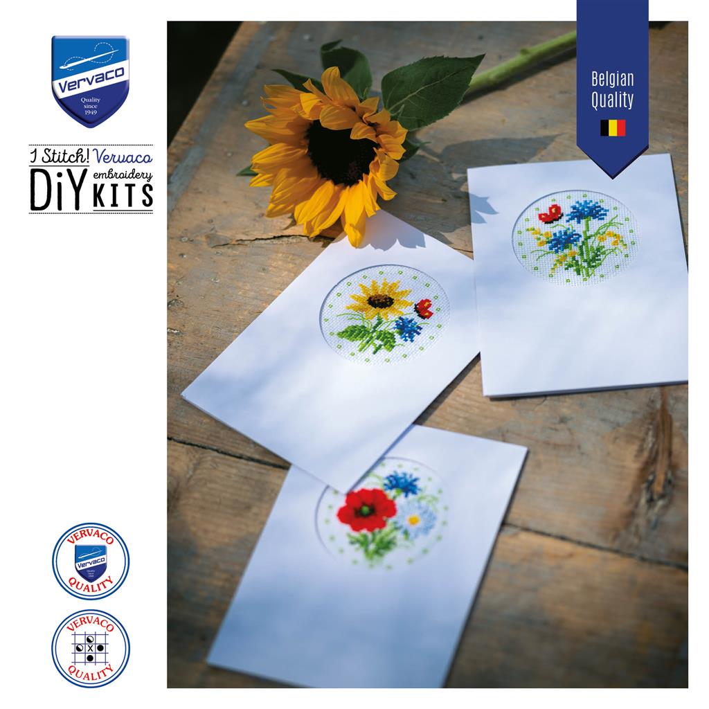 Set de 3 Postales de Felicitación en Punto de Cruz "Flores Silvestes" - Vervaco