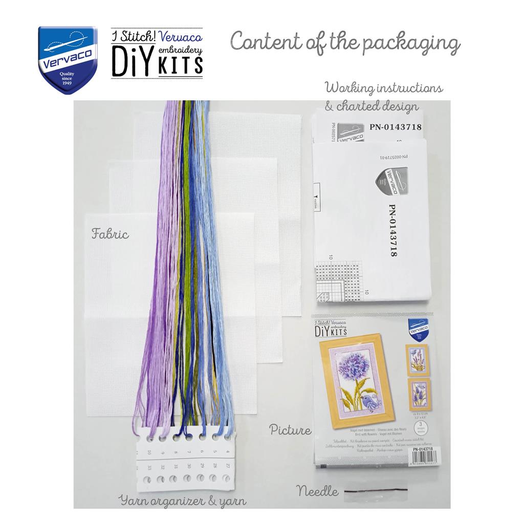 Set de 3 Kits de Punto de Cruz "Pájaro con Flores" - Vervaco