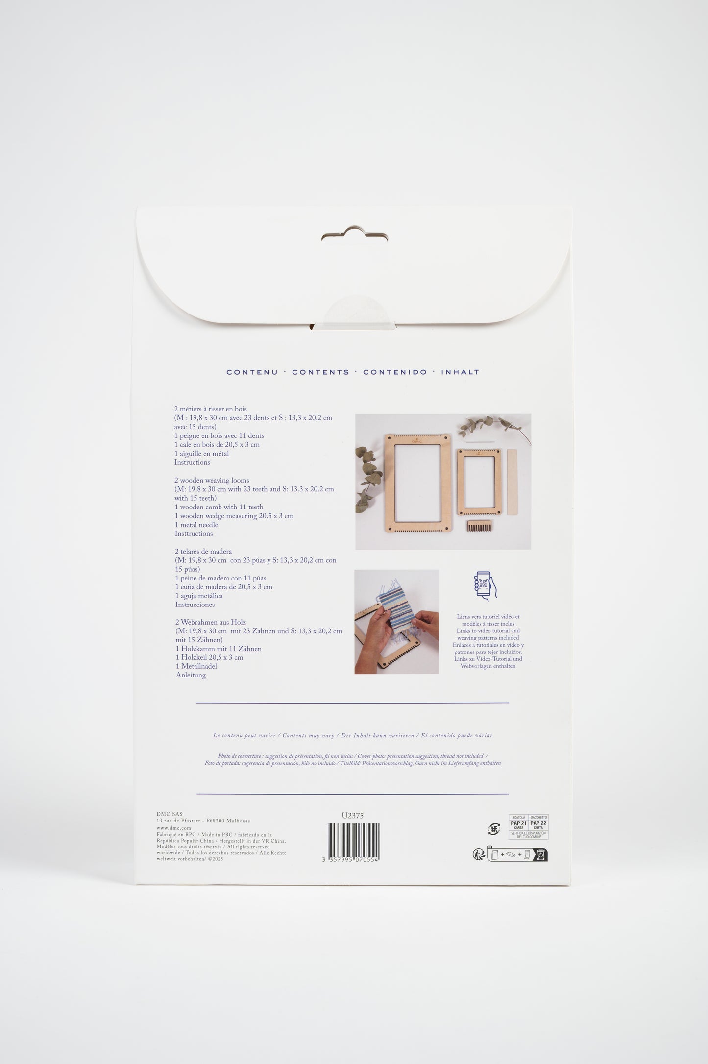 Parte trasera del embalaje del set de telares de madera DMC con contenido e instrucciones