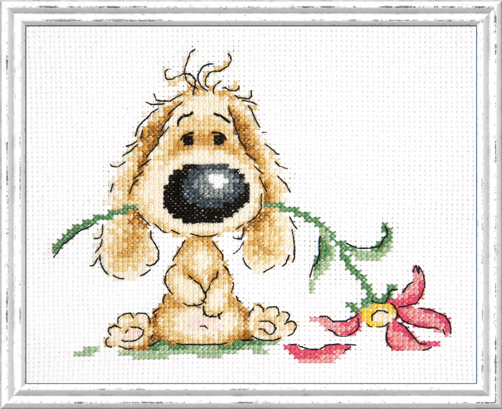 Kit punto de cruz "Puppy and Flower" 16-22