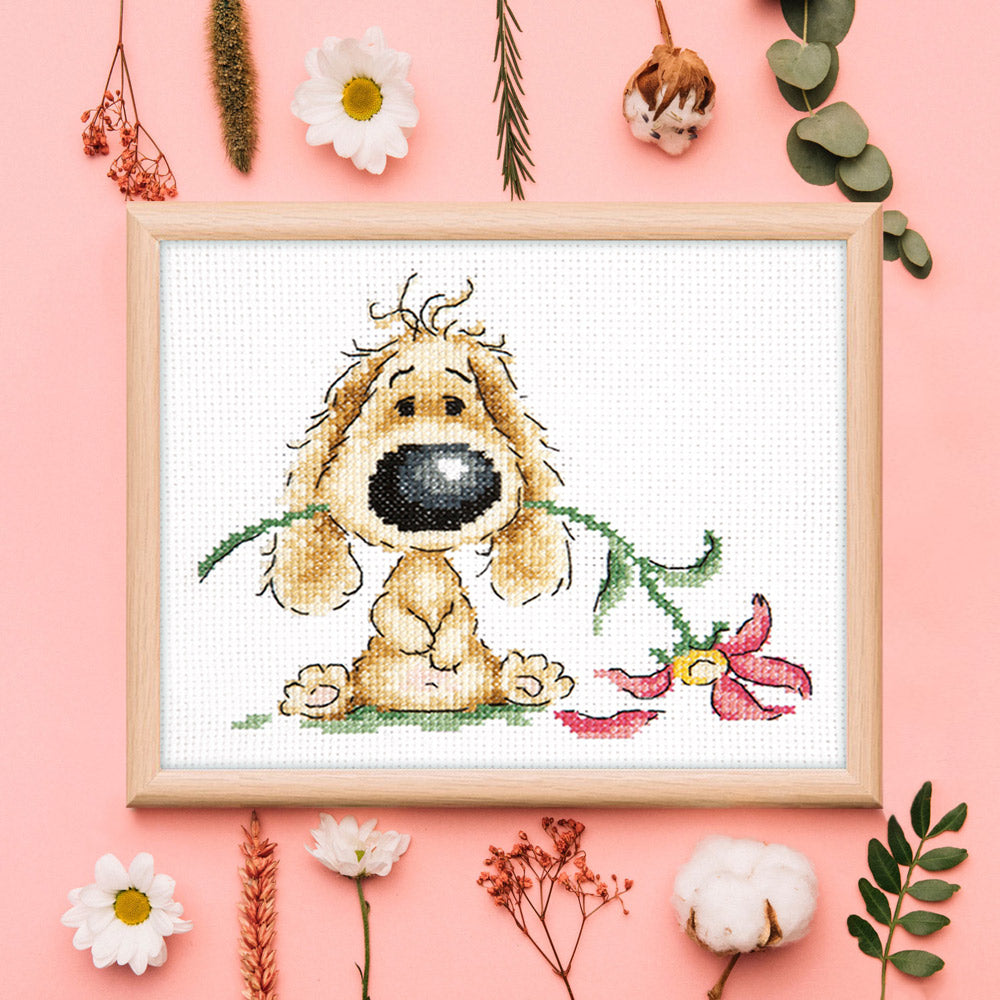 Kit punto de cruz "Puppy and Flower" 16-22