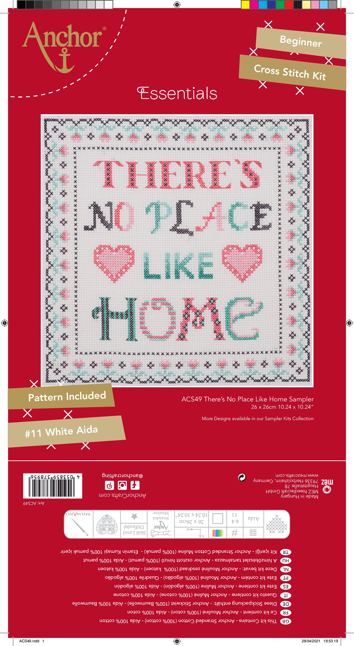 Información Bordado en punto de cruz con frase que dice: "There's No Place Like Home" de Anchor