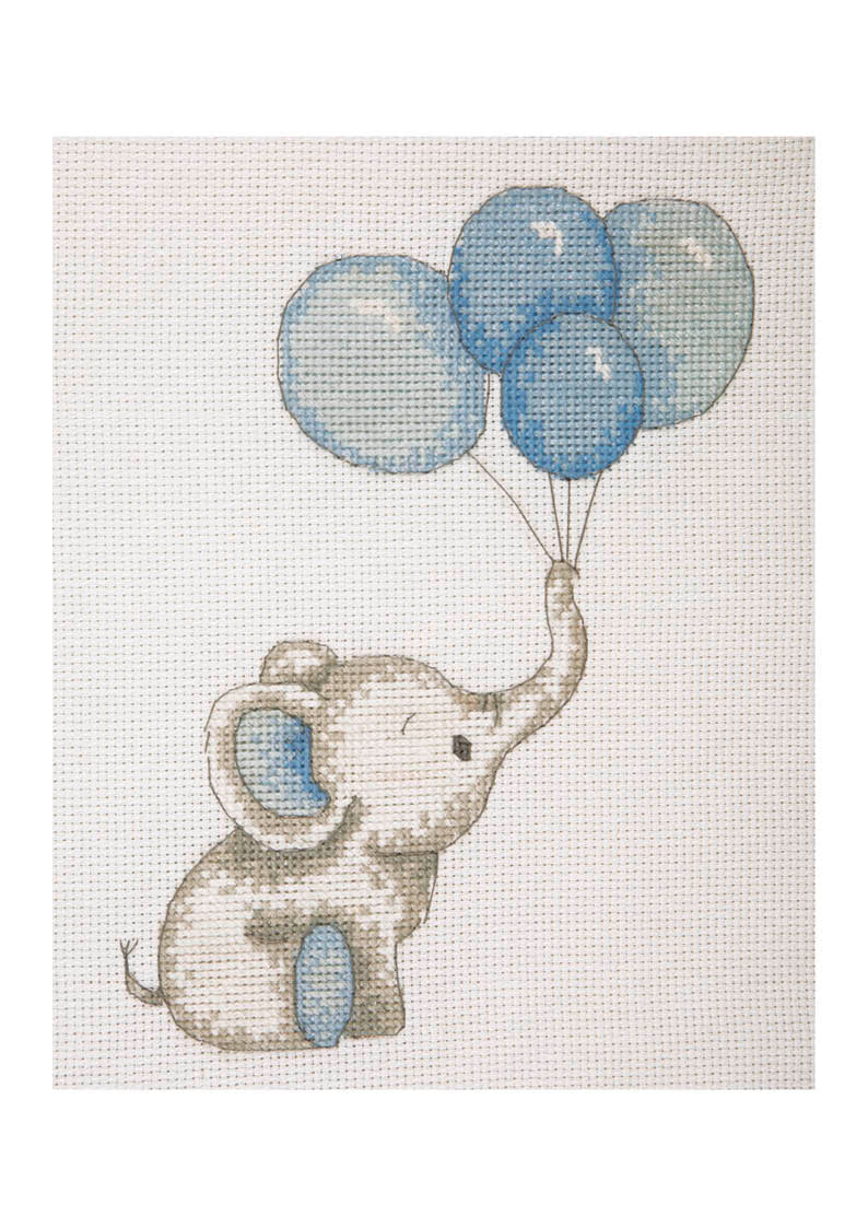 Bordado en punto de cruz de elefante bebé con globos azules para cumpleaños niño de Anchor