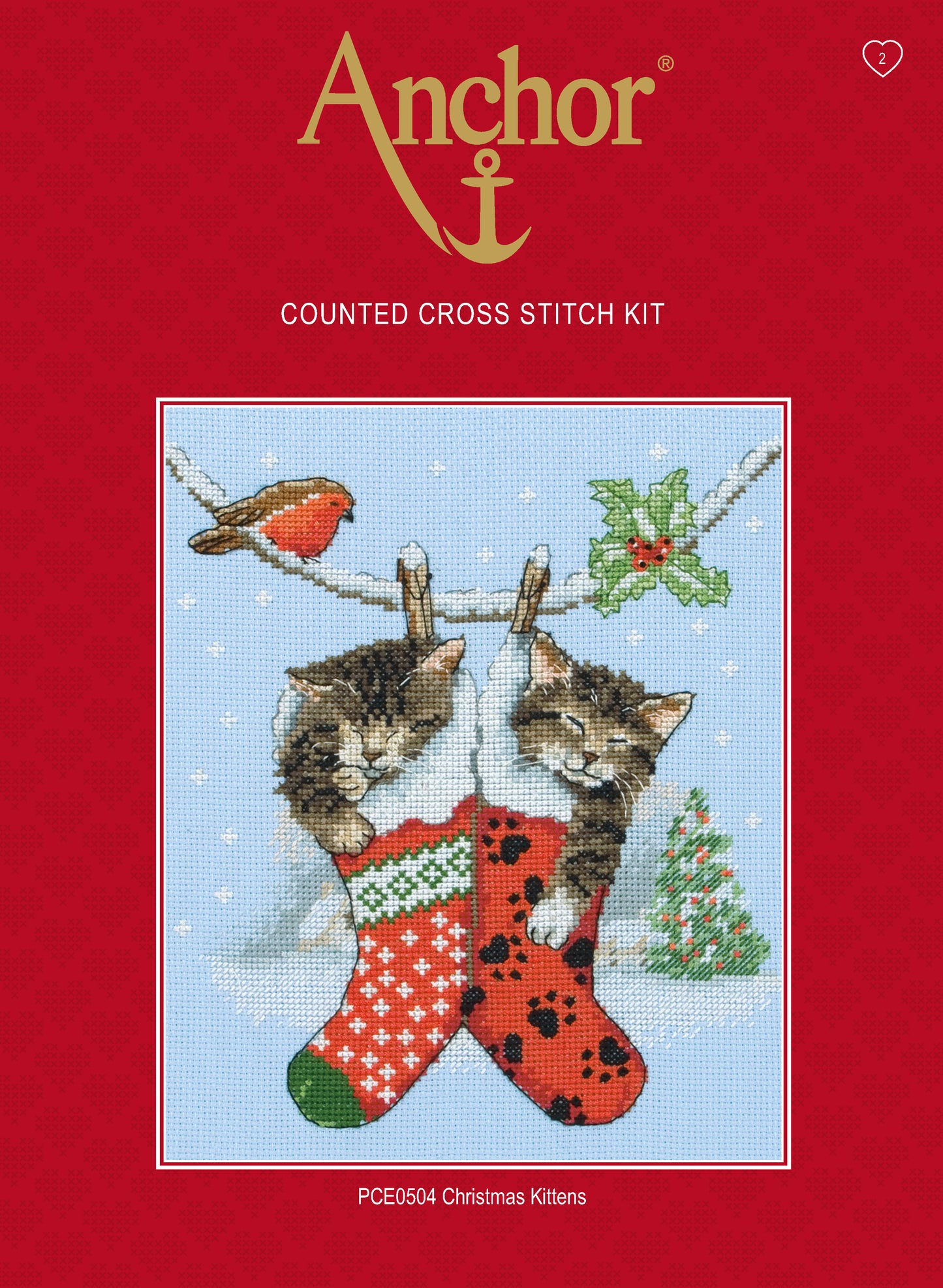 Información Kit de punto de cruz de dos gatos dentro de calcetines de navidad en fondo nevado de Anchor