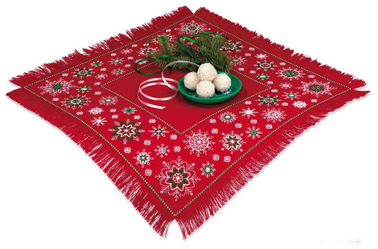 Kit de bordado RIOLIS con mantel individual rojo para bordar copos de nieve en diferentes formas y tamaños, decoración navideña artesanal.