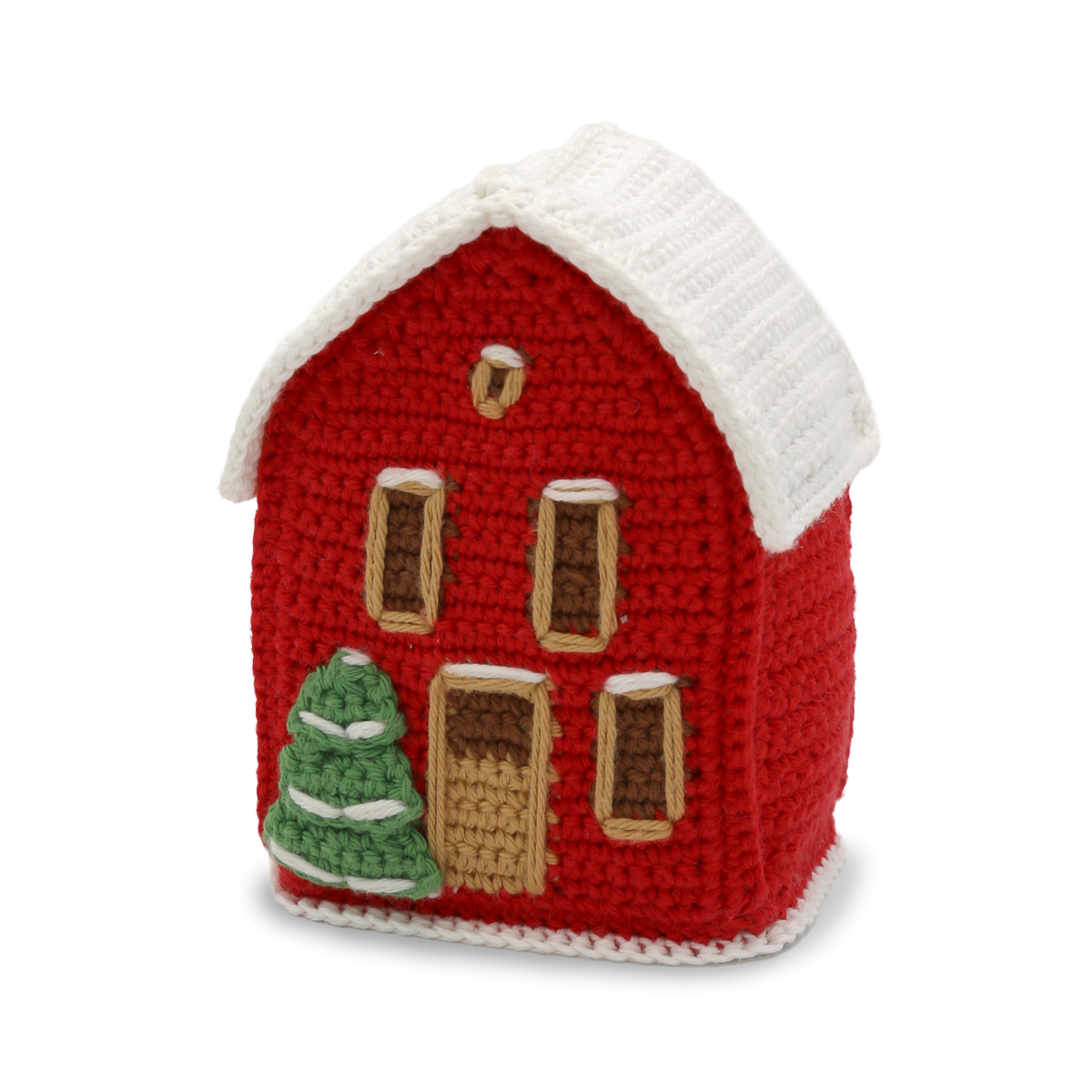 Kit de ganchillo Hardicraft Casa del Pueblo Navideño, casita roja de crochet con tejado nevado y abeto