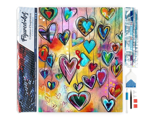 Kit de punto diamante Figured’Art Corazones 40x50 cm con diseño multicolor y lienzo adhesivo completo.