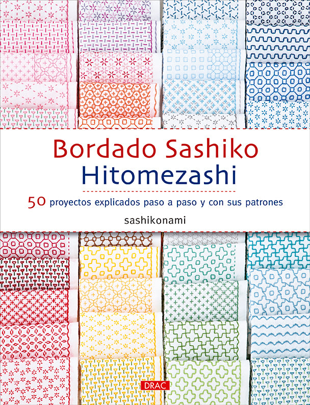 Libro Bordado Sashiko Hitomezashi de sashikonami: portada con múltiples muestras de bordado japonés geométrico en hilos de colores sobre tela