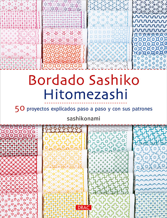 Libro Bordado Sashiko Hitomezashi de sashikonami: portada con múltiples muestras de bordado japonés geométrico en hilos de colores sobre tela