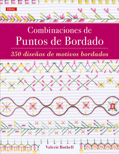 Libro Combinaciones de Puntos de Bordado de Valerie Bothell: portada con cenefas de puntos de bordado en rosa, verde y amarillo sobre tela blanca
