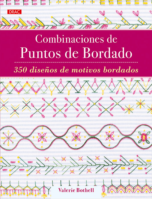 Libro Combinaciones de Puntos de Bordado de Valerie Bothell: portada con cenefas de puntos de bordado en rosa, verde y amarillo sobre tela blanca