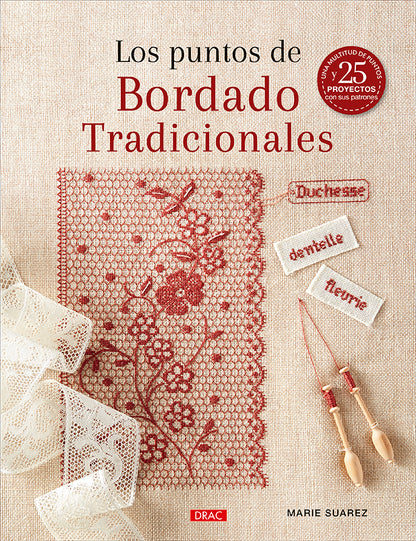 Libro Los Puntos de Bordado Tradicionales de Marie Suarez: portada con un muestrario de bordado en hilo rojo sobre lino y bolillos de encaje