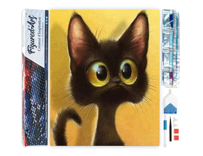 Kit de punto diamante Figured’Art Gato Asombrado 40x50 cm con diamantes cuadrados y lienzo completo.