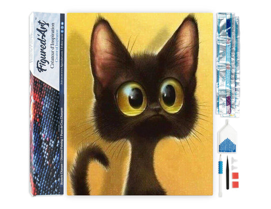 Kit de punto diamante Figured’Art Gato Asombrado 40x50 cm con diamantes cuadrados y lienzo completo.