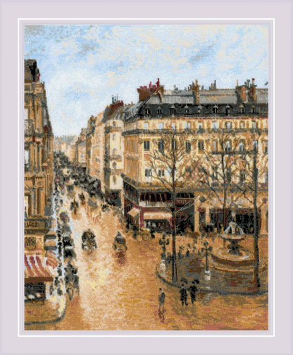 Kit de punto de cruz RIOLIS “Calle Saint-Honoré Pissarro” con calle y plaza francesa, fuente central y carruajes tirados por caballos, estilo principios del siglo XX.