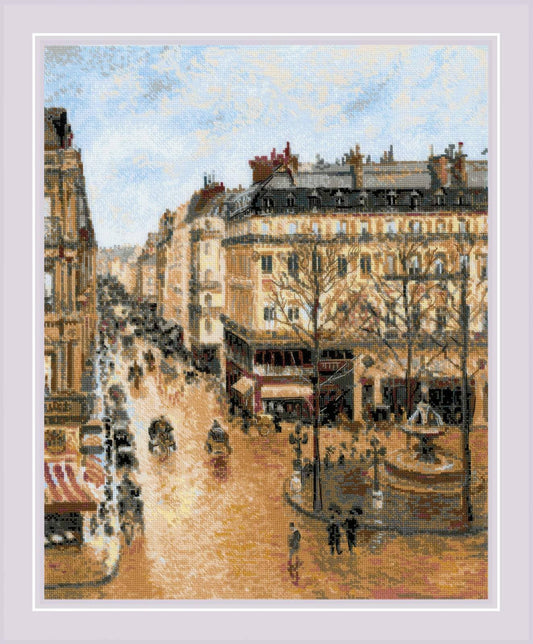 Kit de punto de cruz RIOLIS “Calle Saint-Honoré Pissarro” con calle y plaza francesa, fuente central y carruajes tirados por caballos, estilo principios del siglo XX.
