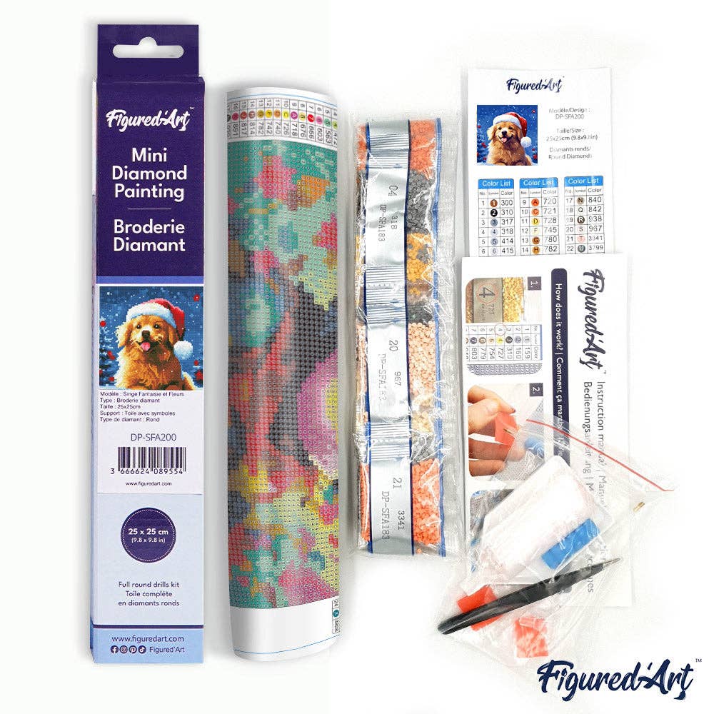 Kit de Punto Diamante Figured’Art "Perro Juguetón en Navidad" 25×25 cm