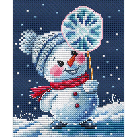 Kit de punto de cruz Collection D'Art Muñeco de Nieve Helado Lollipop con muñeco de nieve sosteniendo un caramelo en paisaje nevado. Incluye tela Aida, hilos DMC, aguja e instrucciones.
