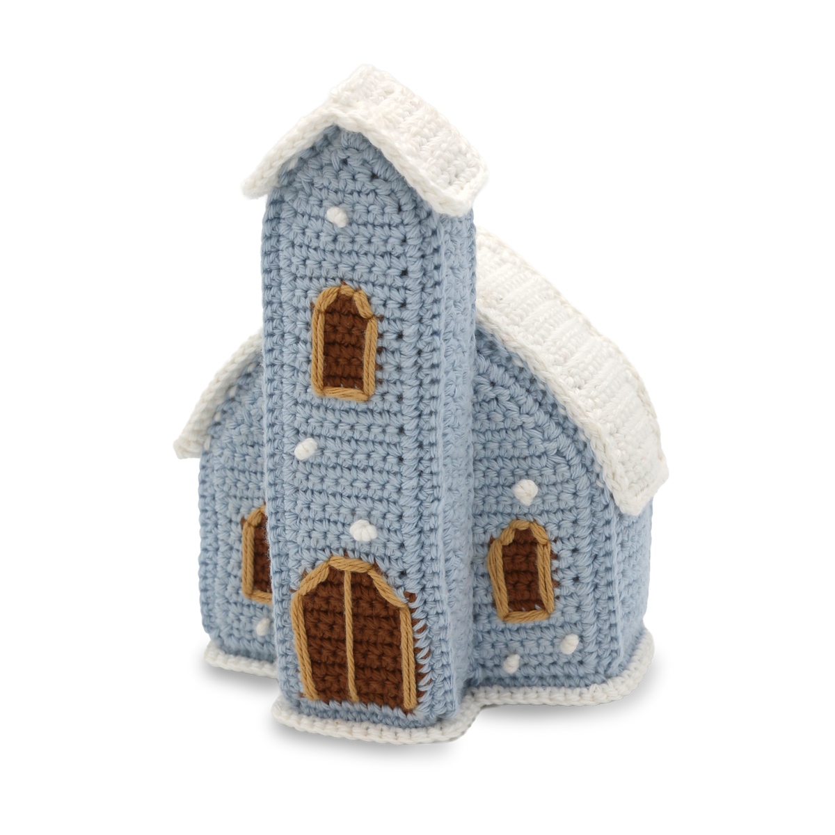 Kit de ganchillo Hardicraft Iglesia del Pueblo Navideño, iglesia azul de crochet con campanario y nieve